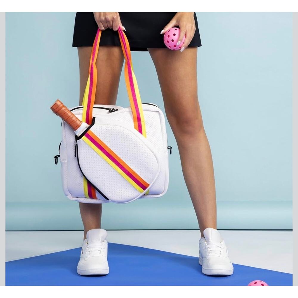 Kedzie Pickleball Tote Bag Stylish Neoprene White Orange Adjustable Crossbody - Picture 4 of 9